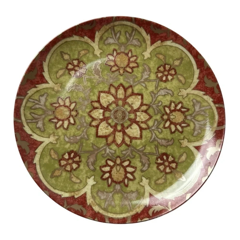Pottery Barn Red & Sage Green Floral Plates 7” Dessert Salad Tuscan Set of 4